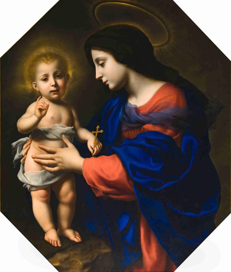 Madonna and Child,聖母子,Carlo Dolci,カルロ・ドルチ,油絵,油絵, 美術パロディ, パロディー, ハロー, 現実的な, 黒髪, ブロンドの髪, ローブ, 天使, 赤ちゃん, 裸足, 長い髪