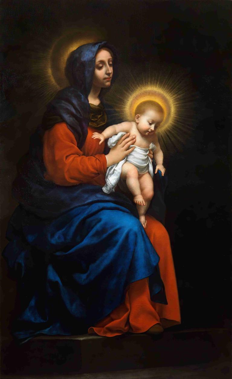 Madonna with Child,麥當娜懷著孩子,Carlo Dolci,卡洛·多爾奇,油畫,油畫, 美術模仿, 光環, 金髮, 長袍, 戲仿, 兜帽, 赤腳, 坐著, 1個女孩, 實際的, 披風