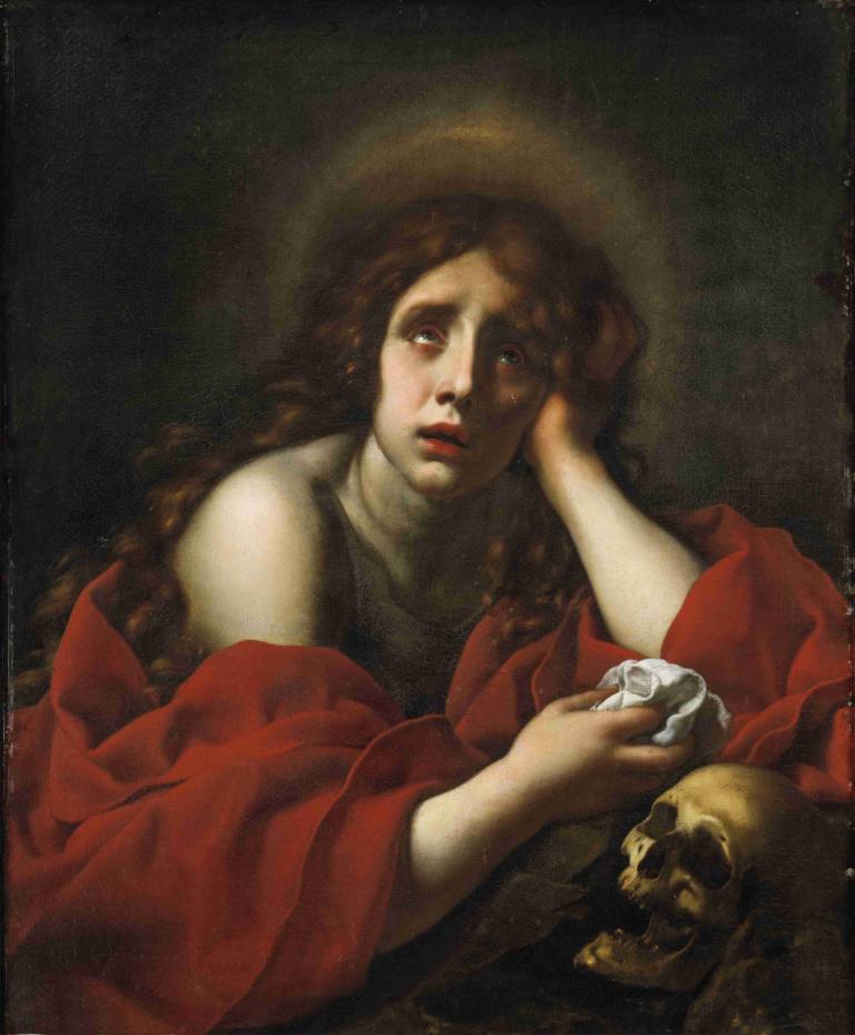 The Penitent Mary Magdalene,Carlo Dolci,Oil Painting,Oil Painting, skull, 1girl, solo, fine art parody