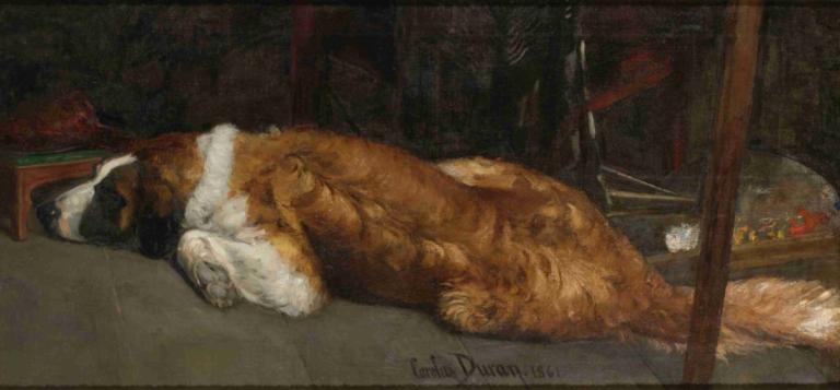 Le Chien,Carolus-Duran,Oil Painting,Oil Painting, sleeping, no humans, indoors, lying, animal, tiger