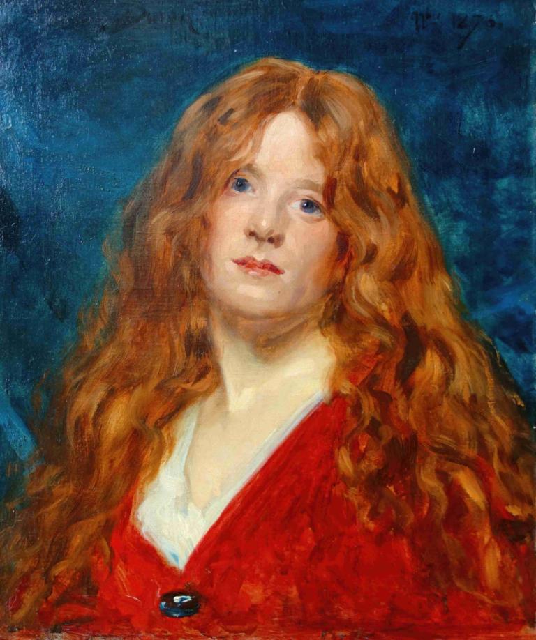 Portrait de femme rousse.1876,红发女子肖像.1876 年,Carolus-Duran,卡罗勒斯-杜兰,油画,油画, 1个女孩, 独奏, 长发, 蓝眼睛, 珠宝, 传统媒体, 棕色的头发