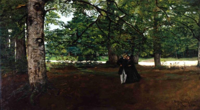 Promenade in the Woods,林中长廊,Carolus-Duran,卡罗勒斯-杜兰,油画,油画, 树, 户外, 风景, 自然, 独奏, 森林, 1个女孩, 天