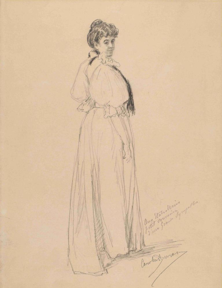 Sketch of a Lady,一位女士的素描,Carolus-Duran,卡罗勒斯-杜兰,素描,素描, 1个女孩, 独奏, 草图, 单色, 裙子, 传统媒体, 签名, 全身, 看着观众, 过时的, 常设, 长发