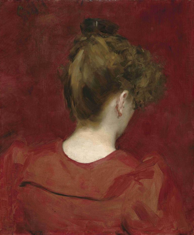 Study of Lilia,Carolus-Duran,Oil Painting,Oil Painting, solo, 1girl, red background, from behind, upper body