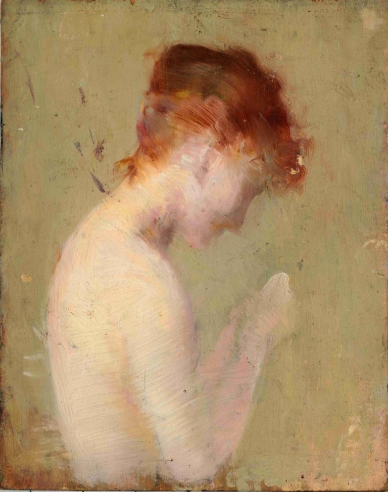 Untitled,Carolus-Duran,Oil Painting,Oil Painting, solo, 1boy, male focus, upper body, brown hair, profile