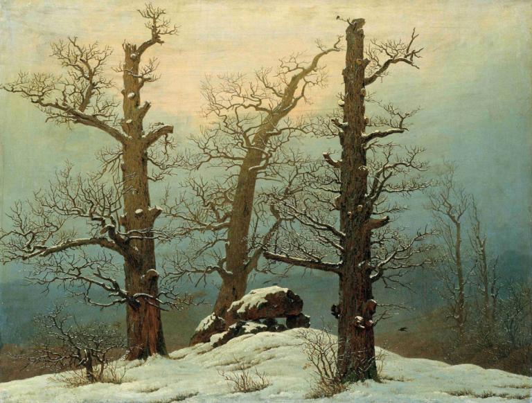 Cairn in Snow,Caspar David Friedrich,Oil Painting,Oil Painting, no humans, tree, scenery, bare tree, outdoors