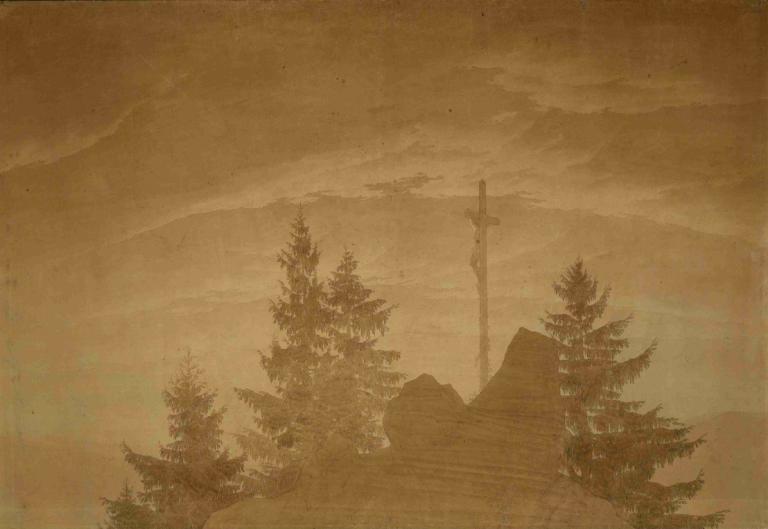 Cross in the Mountains,Caspar David Friedrich,Oil Painting,Oil Painting, no humans, scenery, tree, sky