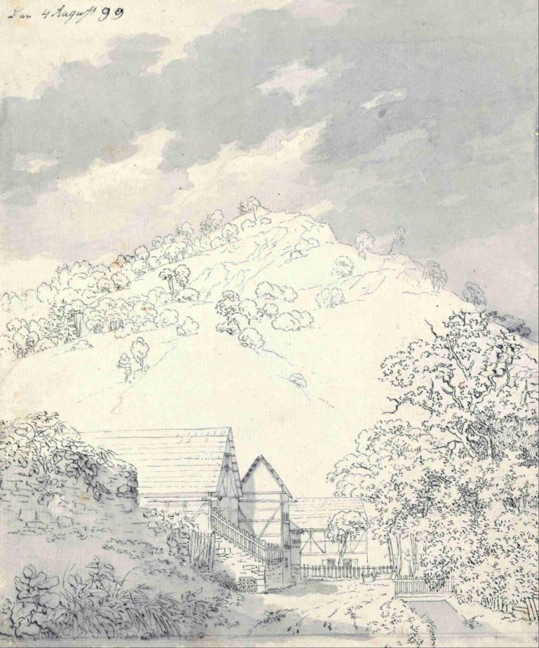 Farmhouses by a Hillside,Caspar David Friedrich,Sketch,Sketch, tree, no humans, house, outdoors, cloud, sky