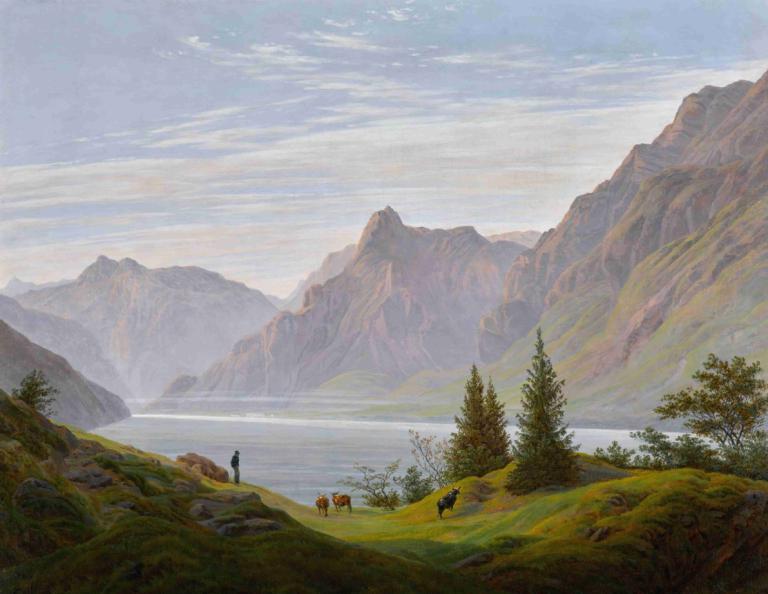 Landschaft mit gebirgsee, morgen [landscape with mountain lake, morning],Paysage avec lac de montagne