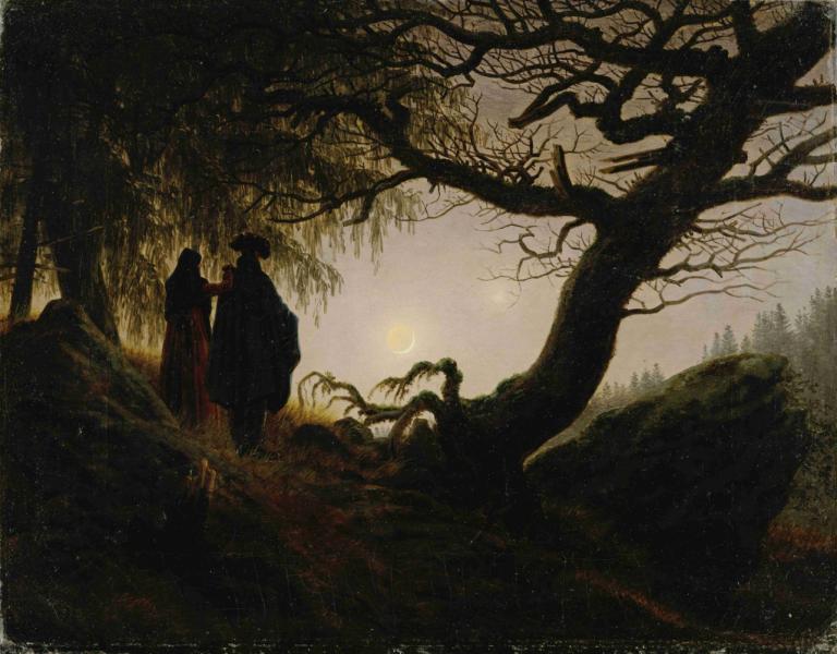 Man and Woman contemplating the moon,Muž a žena uvažují o měsíci,Caspar David Friedrich,Olejomalba,Olejomalba