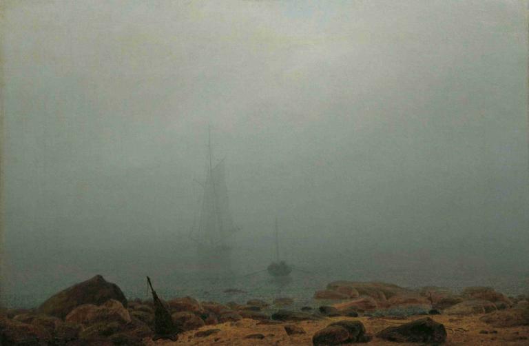 Meeresstrand im Nebel,霧の中の海辺,Caspar David Friedrich,カスパー・ダヴィデ・フリードリヒ,油絵,油絵, 景色, 屋外, 人間がいない, 空, 従来のメディア, 国境