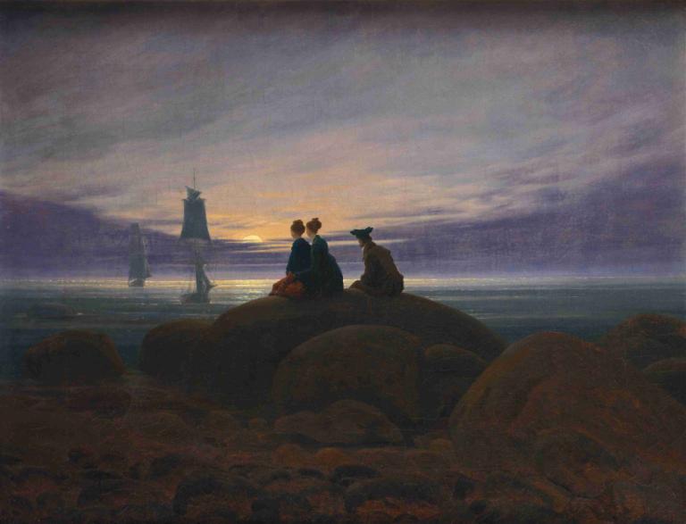 Moonrise over the Sea,海上日出,Caspar David Friedrich,卡斯帕尔-戴维-弗里德里希,油画,油画, 坐着, 日落, 户外, 云, 1男孩, 1个女孩, 天空, 海洋, 风景