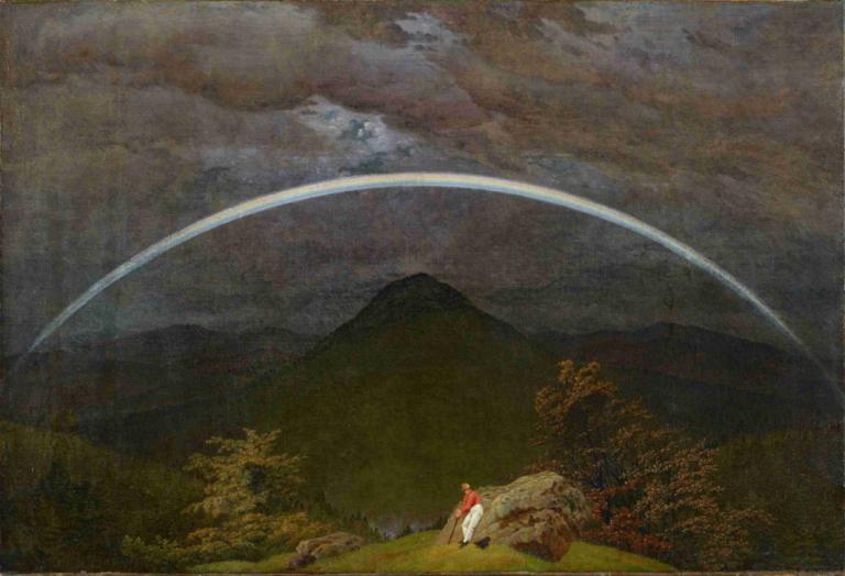 Mountain Landscape with Rainbow,有彩虹的山景,Caspar David Friedrich,卡斯帕尔-戴维-弗里德里希,油画,油画, 户外, 云, 风景, 天空, 草, 传统媒体, 独奏