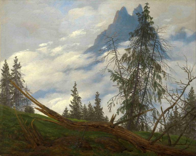 Mountain Peak with Drifting Clouds,云雾缭绕的山峰,Caspar David Friedrich,卡斯帕尔-戴维-弗里德里希,油画,油画, 没有人类, 风景, 树, 户外, 天空, 云