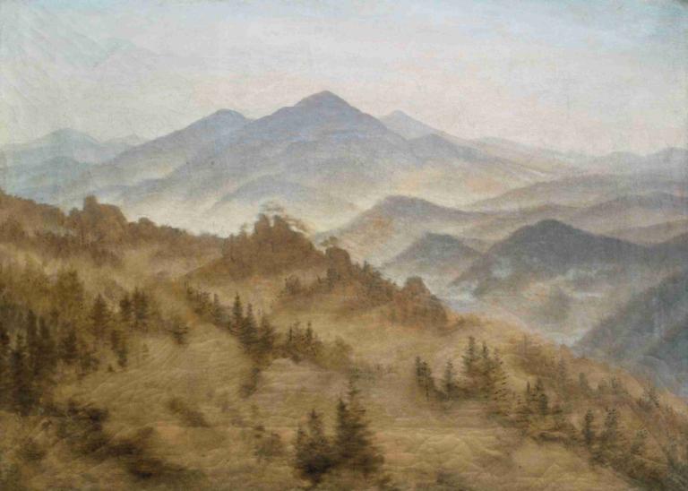 Mountains in the Rising Fog,Bergen in de opkomende mist,Caspar David Friedrich,Olieverf,Olieverf, geen mensen