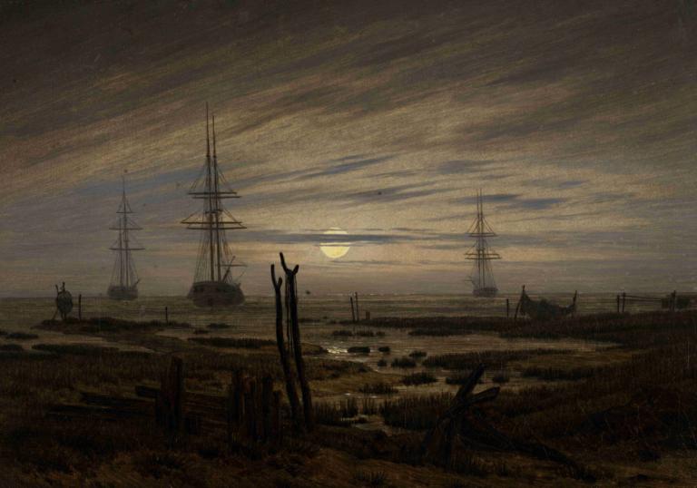 Ships at Anchor,停泊中の船,Caspar David Friedrich,カスパー・ダヴィデ・フリードリヒ,油絵,油絵, 景色, 人間がいない, 月, 屋外, 空, 雲, 草, 曇り空, 従来のメディア