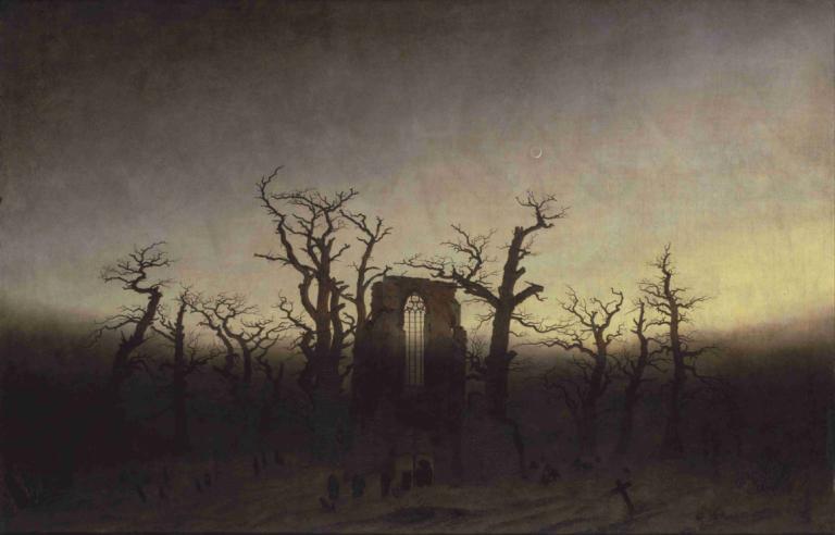 The Abbey in the Oakwood,オークウッドの修道院,Caspar David Friedrich,カスパー・ダヴィデ・フリードリヒ,油絵,油絵, 木, 人間がいない, 景色, 家, 裸の木, 屋外