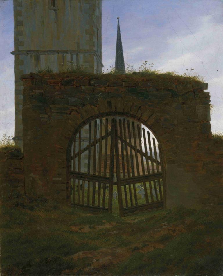 The Cemetery Gate (The Churchyard),墓地大门（教堂墓地）,Caspar David Friedrich,卡斯帕尔-戴维-弗里德里希,油画,油画, 风景, 没有人类, 户外, 天空