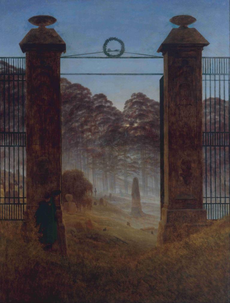 The Cemetery,墓地,Caspar David Friedrich,卡斯帕尔-戴维-弗里德里希,油画,油画, 户外, 树, 天空, 风景, 蓝天, 1个女孩, 天, 常设, 长发