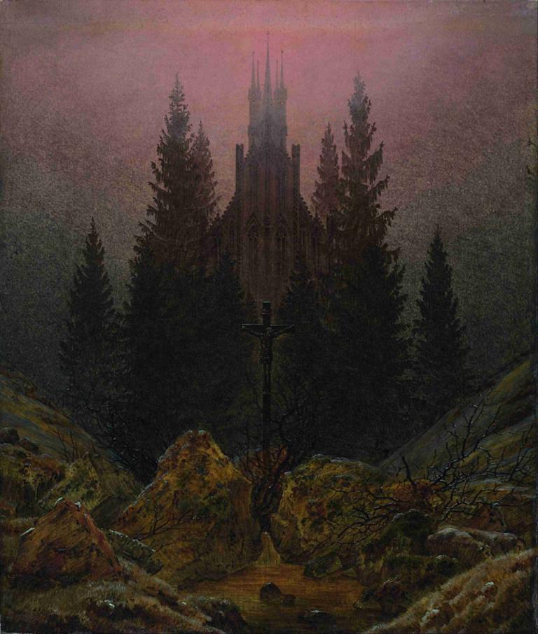 The Cross in the Mountains,山の十字架,Caspar David Friedrich,カスパー・ダヴィデ・フリードリヒ,油絵,油絵, 景色, 木, 人間がいない, 屋外, 剣, 武器, 自然