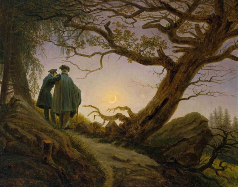 Two Men Contemplating the Moon,月を見つめる二人の男,Caspar David Friedrich,カスパー・ダヴィデ・フリードリヒ,油絵,油絵, 木, 複数の男の子, 男の子2人