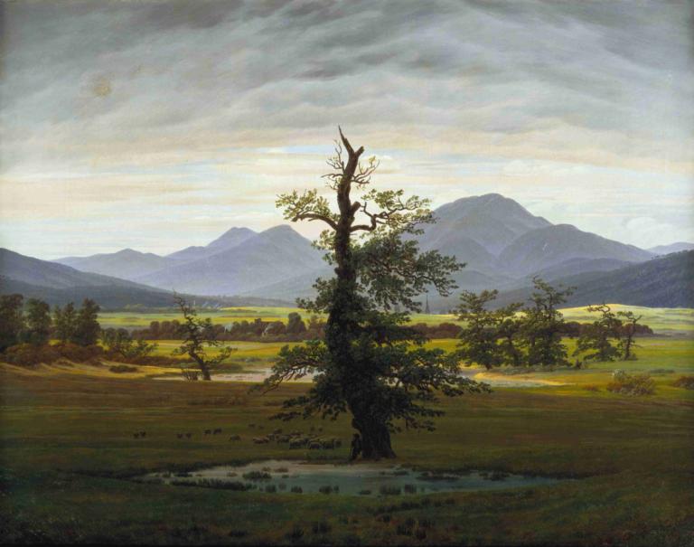 Village Landscape in Morning Light (The Lone Tree),朝焼けの村の風景（孤独の木）,Caspar David Friedrich,カスパー・ダヴィデ・フリードリヒ,油絵