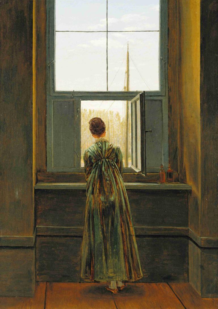 Woman at a Window,窗边的女人,Caspar David Friedrich,卡斯帕尔-戴维-弗里德里希,油画,油画, 窗户, 独奏, 1个女孩, 在室内, 窗帘, 裙子, 从后面, 常设, 赤脚