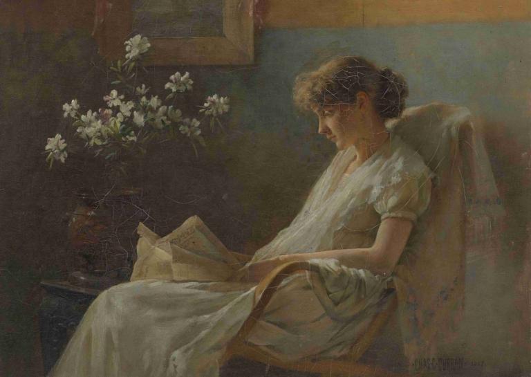 A Comfortable Corner,Rahat Bir Köşe,Charles Courtney Curran,Yağlı boya,Yağlı boya, 1kız, çiçek, solo, elbise