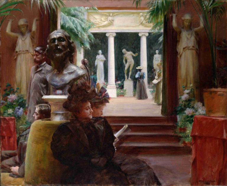 At the Sculpture Exhibition,Charles Courtney Curran,Oil Painting,Oil Painting, statue, fine art parody