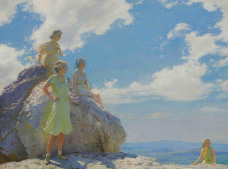 Bear Rocks,Charles Courtney Curran,Oil Painting,Oil Painting, multiple girls, sky, cloud, dress, outdoors