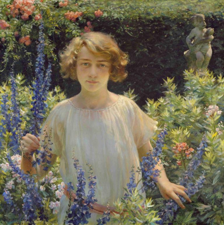 Betty Gallowhur (Betty Newell),Charles Courtney Curran,Oil Painting,Oil Painting, 1girl, flower, short hair