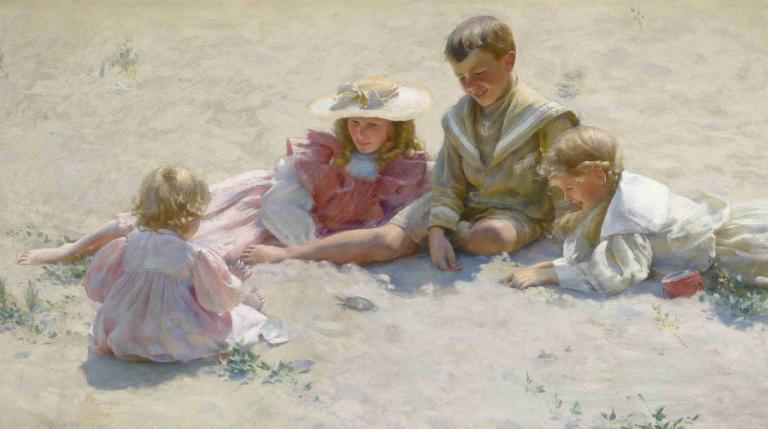 Children By The Seashore,Charles Courtney Curran,Oil Painting,Oil Painting, multiple girls, dress, hat