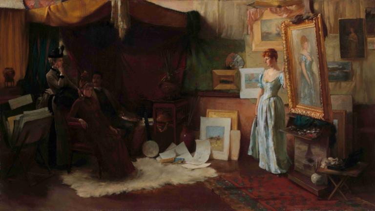 Fair Critics,Spravedliví kritici,Charles Courtney Curran,Olejomalba,Olejomalba, malba (objekt), šaty, uvnitř