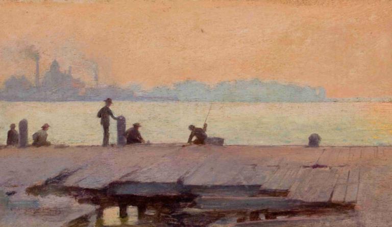 Fishermen on the Dock,Charles Courtney Curran,Oil Painting,Oil Painting, outdoors, multiple boys, fishing rod