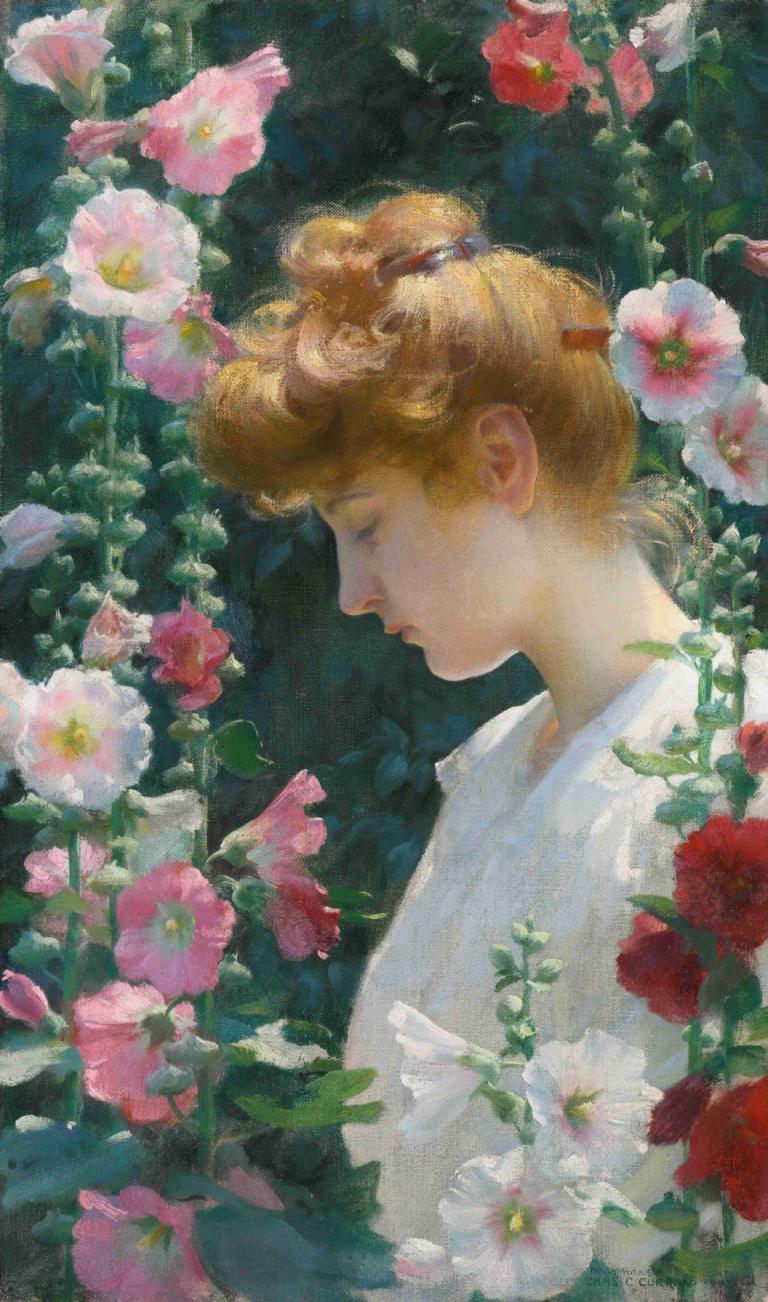 Hollyhocks and Sunlight,Charles Courtney Curran,Oil Painting,Oil Painting, solo, flower, blonde hair, profile