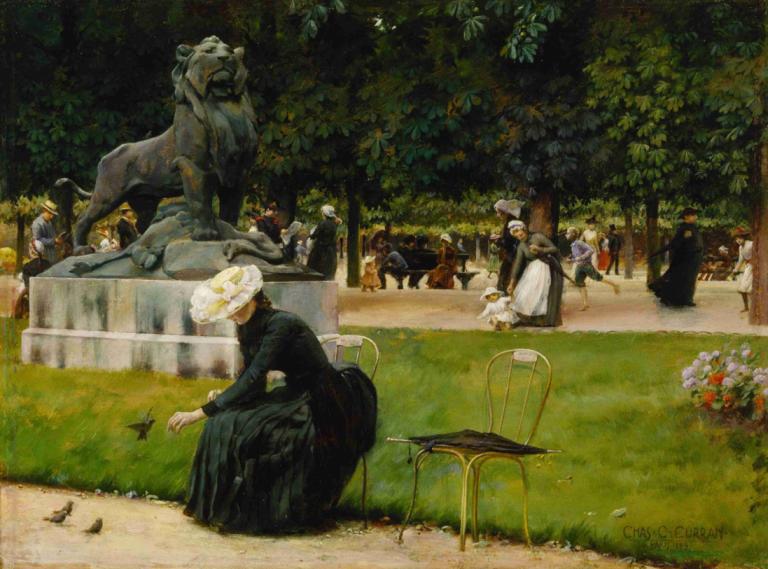 In the Luxembourg (Garden),Charles Courtney Curran,Oil Painting,Oil Painting, fine art parody, tree, outdoors