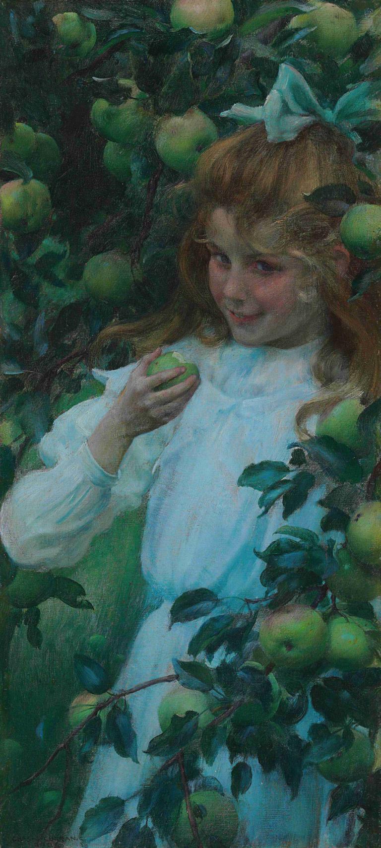 In the Orchard,Charles Courtney Curran,Oil Painting,Oil Painting, 1girl, fruit, food, solo, holding food