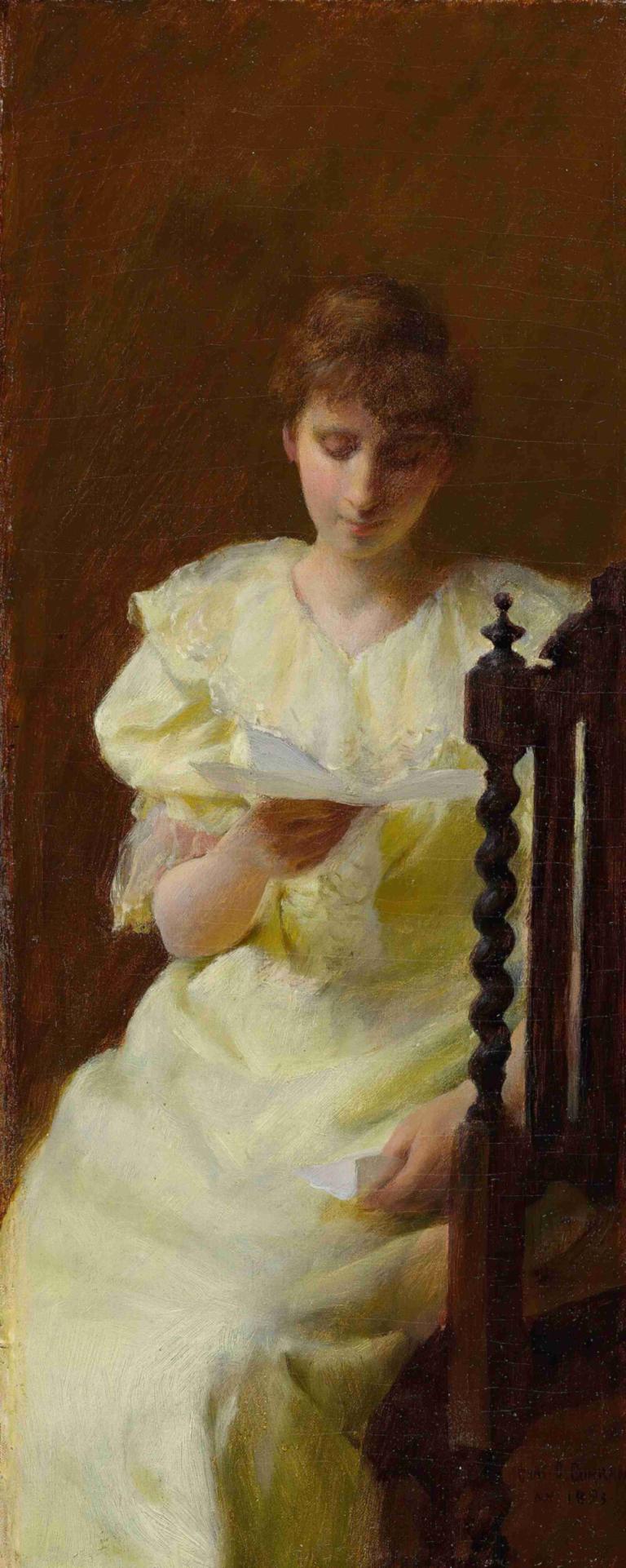 Lady In Yellow,Dame in geel,Charles Courtney Curran,Olieverf,Olieverf, 1meisje, solo, jurk, zitten