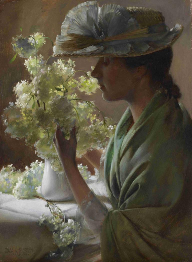 Lady with a Bouquet (Snowballs),Charles Courtney Curran,Oil Painting,Oil Painting, solo, hat, profile