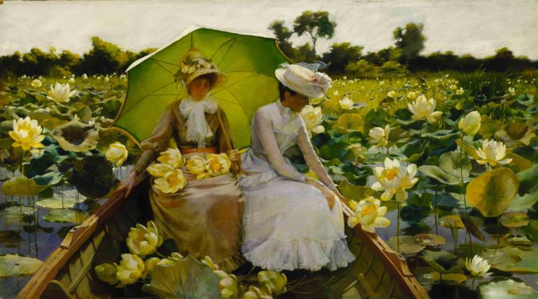 Lotus Lilies,Charles Courtney Curran,Oil Painting,Oil Painting, lily pad, dress, flower, hat, 2girls