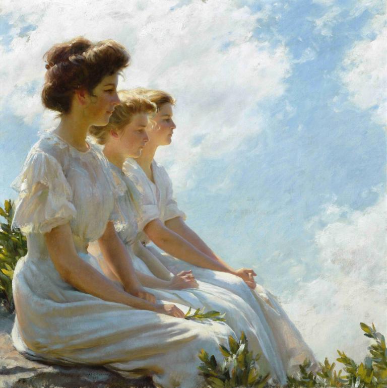 On the Heights,Charles Courtney Curran,Oil Painting,Oil Painting, multiple girls, dress, sitting, 2girls