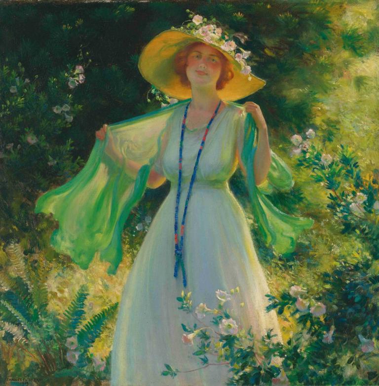 Path Of Flowers,Sti af Blomster,Charles Courtney Curran,Oliemaleri,Oliemaleri, 1 pige, hat, solo, kjole