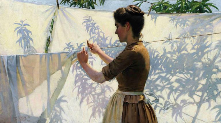 Shadows,Charles Courtney Curran,Oil Painting,Oil Painting, 1girl, solo, short hair, profile, apron