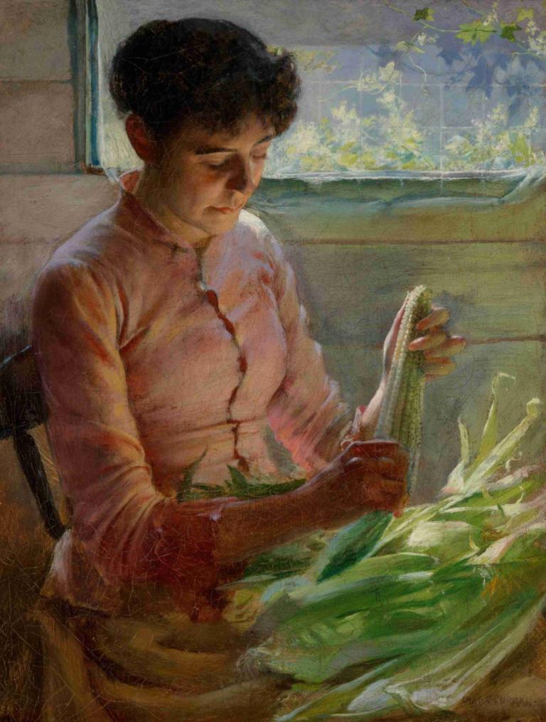 Shucking Corn,Skurende majs,Charles Courtney Curran,Oliemaleri,Oliemaleri, vindue, solo, sort hår, realistisk