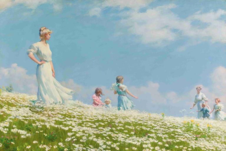 Summer,Charles Courtney Curran,Oil Painting,Oil Painting, multiple girls, flower, field, outdoors, sky, dress