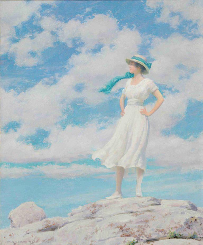 Summy Sky (On the Summit),Charles Courtney Curran,Oliemaleri,Oliemaleri, 1 pige, solo, kjole, hat, Sky