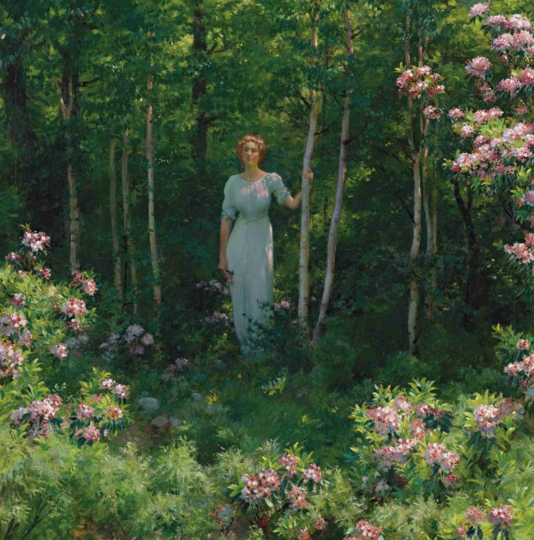 The Edge Of The Woods,Charles Courtney Curran,Oil Painting,Oil Painting, 1girl, dress, solo, nature, flower