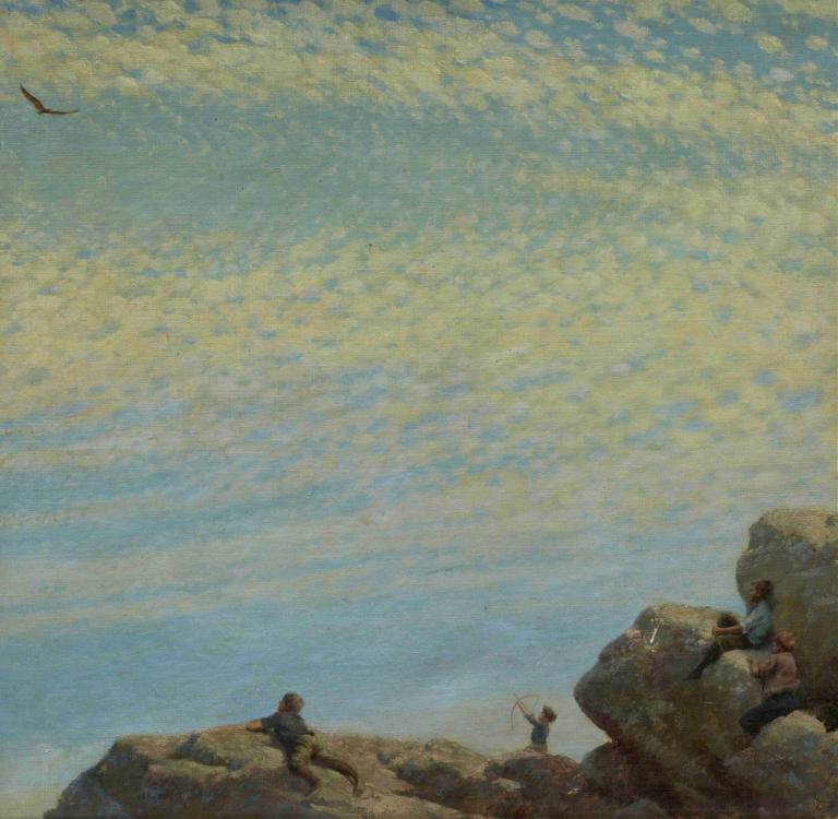 The Hawk,Charles Courtney Curran,Oil Painting,Oil Painting, multiple boys, sky, outdoors, fishing, cloud