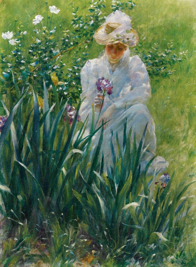 The Iris Bed,Iris sengen,Charles Courtney Curran,Oliemaleri,Oliemaleri, blomst, græs, udendørs, hat, kjole