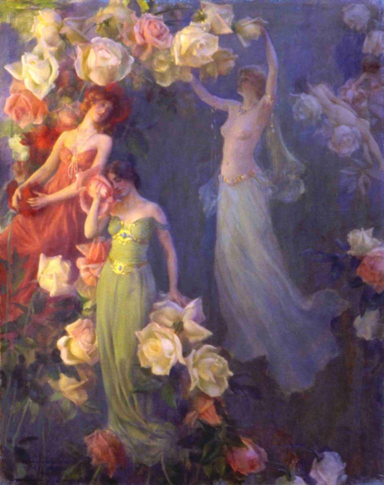 The Perfume of Roses,Charles Courtney Curran,Oil Painting,Oil Painting, flower, dress, multiple girls